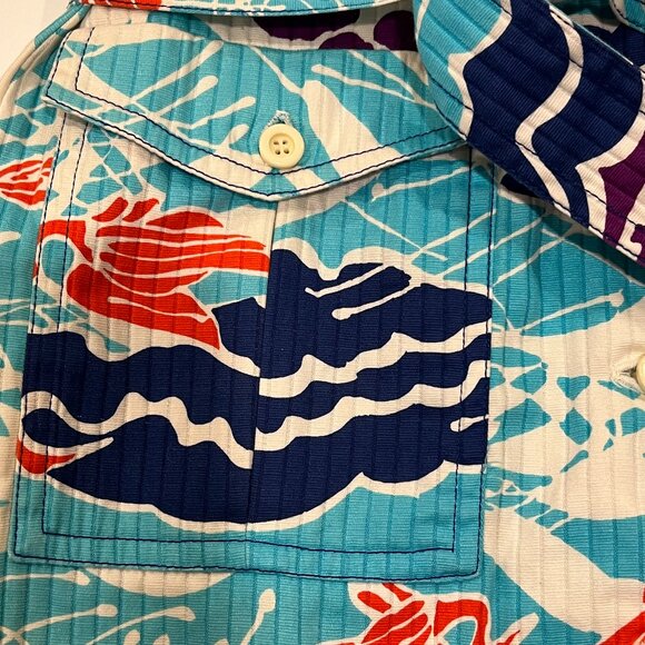 Toby Tanner Vintage 60s Abstract Belted Shirt Dress, Pockets, Blue Orange 10 - Picture 7 of 10